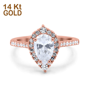 14K Rose Gold Teardrop Pear Art Deco Bridal Wedding Engagement Ring Simulated CZ Size-7